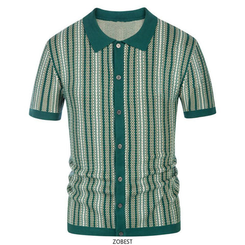 Men's Short Sleeved Knitted Shirt Striped Business Polo Shirt