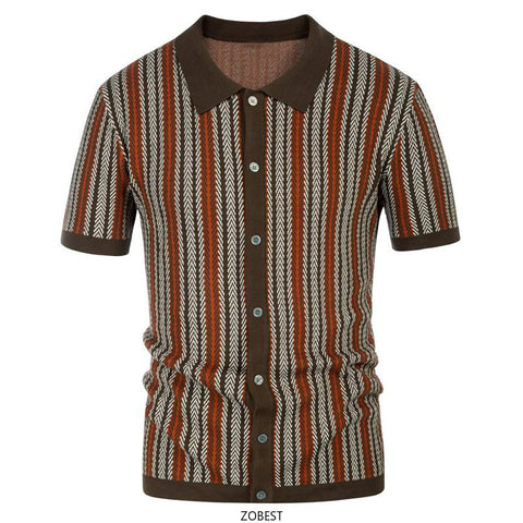 Men's Short Sleeved Knitted Shirt Striped Business Polo Shirt