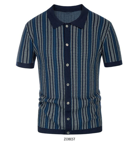 Men's Short Sleeved Knitted Shirt Striped Business Polo Shirt