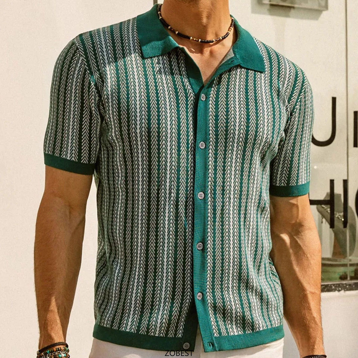 Men's Short Sleeved Knitted Shirt Striped Business Polo Shirt