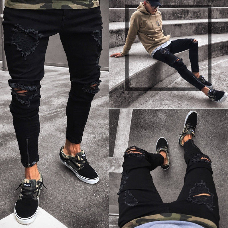 Black Ripped Zipper Jeans