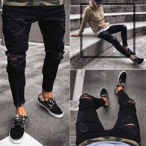 Black Ripped Zipper Jeans