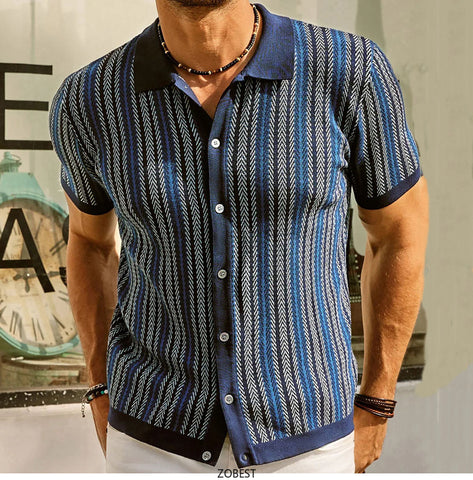 Men's Short Sleeved Knitted Shirt Striped Business Polo Shirt