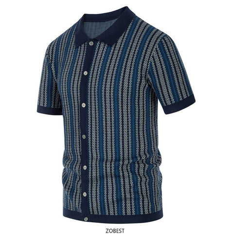 Men's Short Sleeved Knitted Shirt Striped Business Polo Shirt