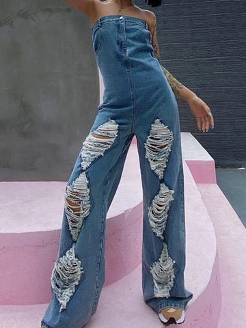 Ripped Strapless Denim Jumpsuit