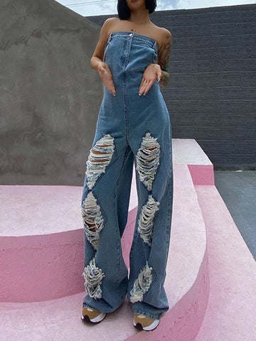 Ripped Strapless Denim Jumpsuit