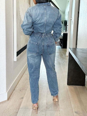 Button-Front Denim Jumpsuit
