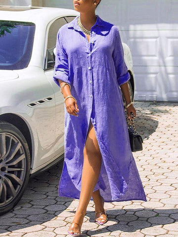 Button-Down Side-Slit Shirt Dress