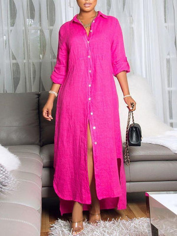 Button-Down Side-Slit Shirt Dress