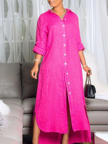 Button-Down Side-Slit Shirt Dress
