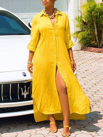 Button-Down Side-Slit Shirt Dress