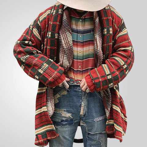 Fashionable Plaid Knitted Cardigan, Long Loose Large-size Sweater Jacket