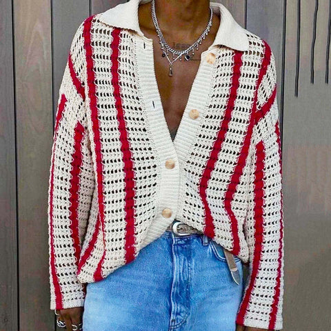Stylish Hollow Knitted Sweater, Versatile Striped Cardigan Sweater