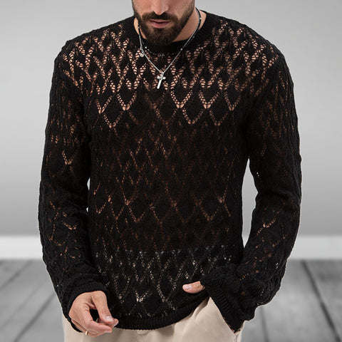 Sexy hollow knitted sweater, young men's bottom thin sweater
