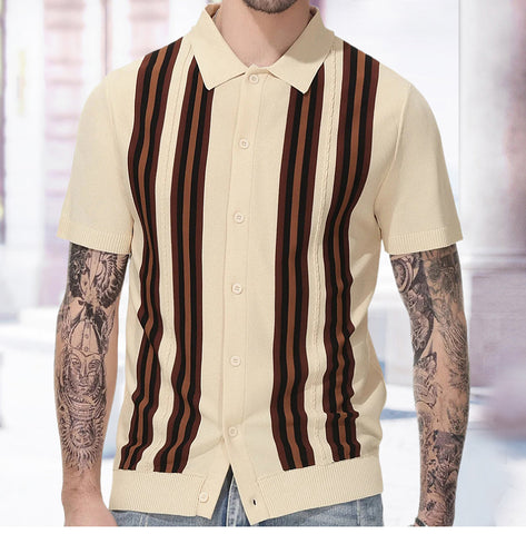 Striped Short Sleeves, Slim-fit Business Polo Shirt Knitted Sweater