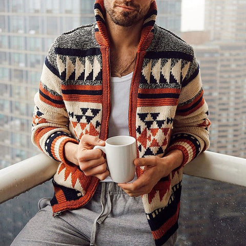Zipper Cardigan Jacket Lapel Jacquard Sweater