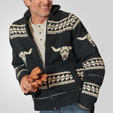 Long Sleeve Bull Head Jacquard Sweater Zipper Cardigan Jacket