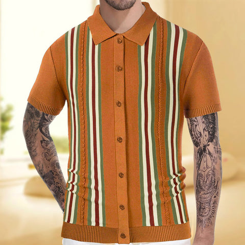 Striped Short Sleeves, Slim-fit Business Polo Shirt Knitted Sweater