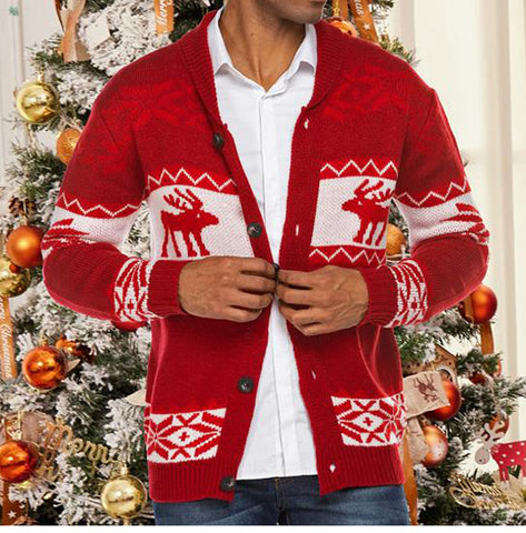 Christmas Jacquard Knitted Sweater, Button Cardigan Sweater Jacket