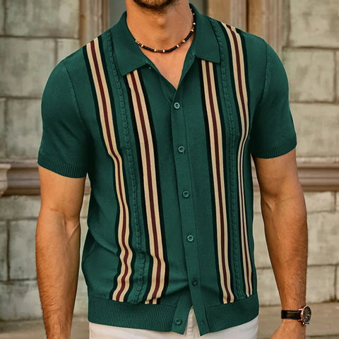 Striped Short Sleeves, Slim-fit Business Polo Shirt Knitted Sweater