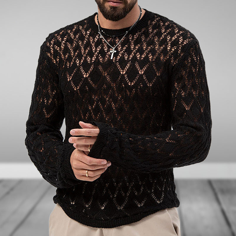 Sexy hollow knitted sweater, young men's bottom thin sweater
