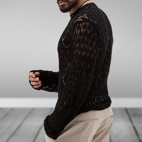Sexy hollow knitted sweater, young men's bottom thin sweater