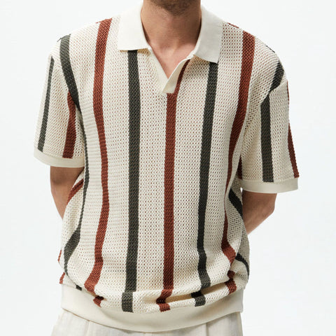 Hollow knit shirt striped contrasting woolen casual polo shirt