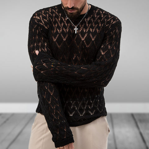 Sexy hollow knitted sweater, young men's bottom thin sweater