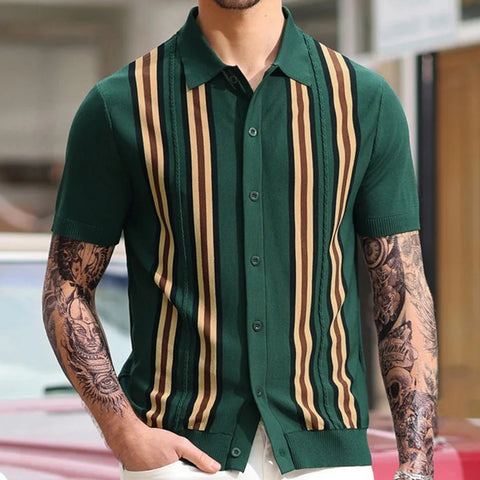 Striped Short Sleeves, Slim-fit Business Polo Shirt Knitted Sweater