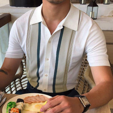 Men's Knitted Sweater, Lapel Pullover Casual Striped Polo Shirt
