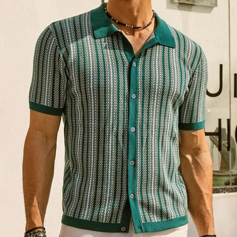 Men's Short Sleeved Knitted Shirt Striped Business Polo Shirt