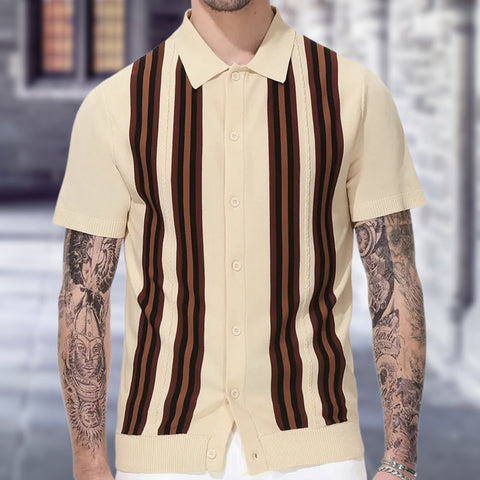 Striped Short Sleeves, Slim-fit Business Polo Shirt Knitted Sweater