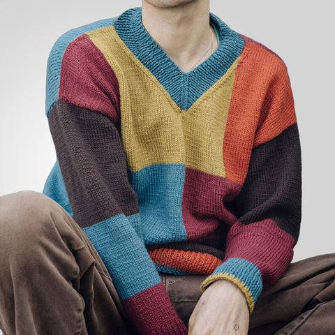 Fashion Men's Knitted Sweater V-Neck Color Matching Long Sleeve Sweater