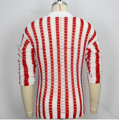 Stylish Hollow Knitted Sweater, Versatile Striped Cardigan Sweater