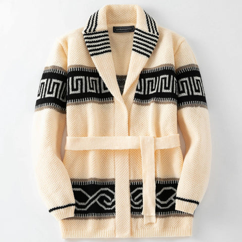 Jacquard knitted sweater retro lapel thick needle cardigan sweater jacket