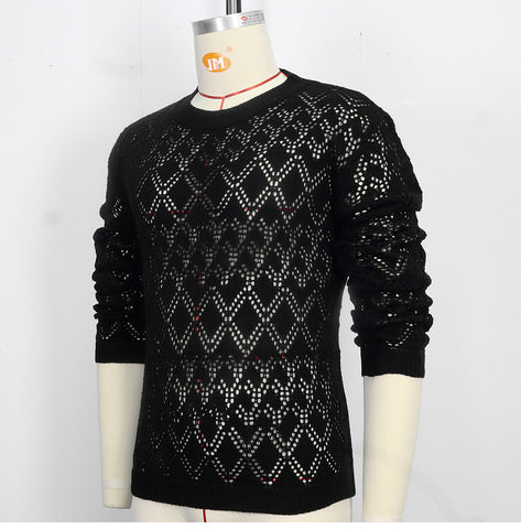 Sexy hollow knitted sweater, young men's bottom thin sweater