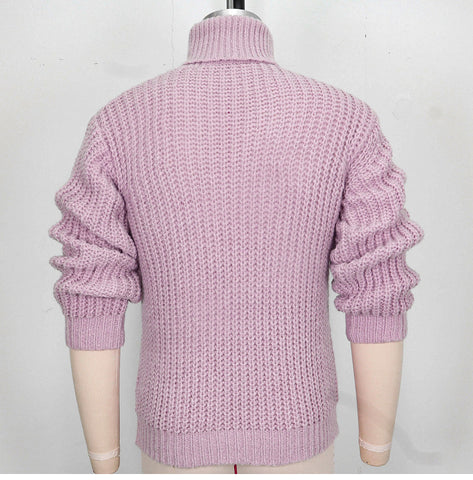 Thickened Pullover Sweater, Solid Color Coarse Needle Turtleneck Knitted Sweater