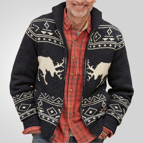 Black Deer Jacquard Zipper Long-sleeved Knitted Jacket