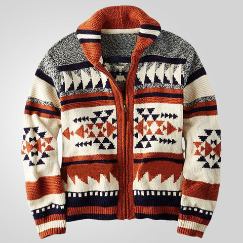 Zipper Cardigan Jacket Lapel Jacquard Sweater