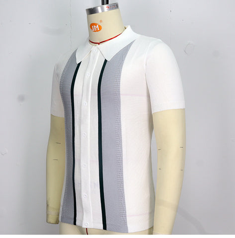 Men's Knitted Sweater, Lapel Pullover Casual Striped Polo Shirt