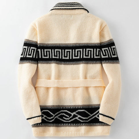 Jacquard knitted sweater retro lapel thick needle cardigan sweater jacket