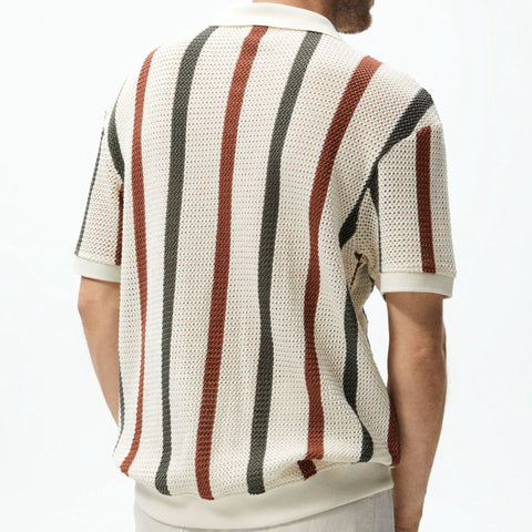 Hollow knit shirt striped contrasting woolen casual polo shirt