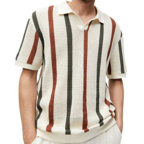 Hollow knit shirt striped contrasting woolen casual polo shirt