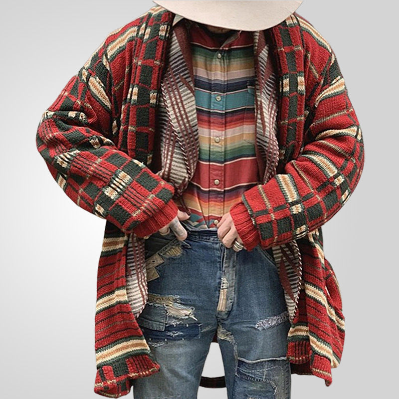 Fashionable Plaid Knitted Cardigan, Long Loose Large-size Sweater Jacket