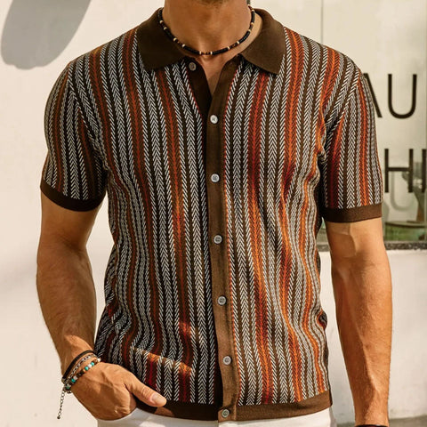 Men's Short Sleeved Knitted Shirt Striped Business Polo Shirt