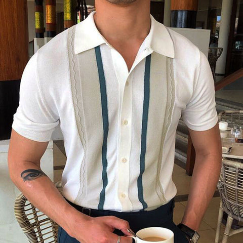Men's Knitted Sweater, Lapel Pullover Casual Striped Polo Shirt