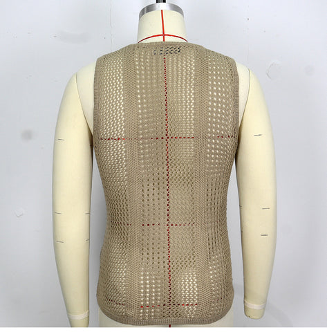 Hollow-out knitted sweater, men's sleeveless slim-fit knitted vest