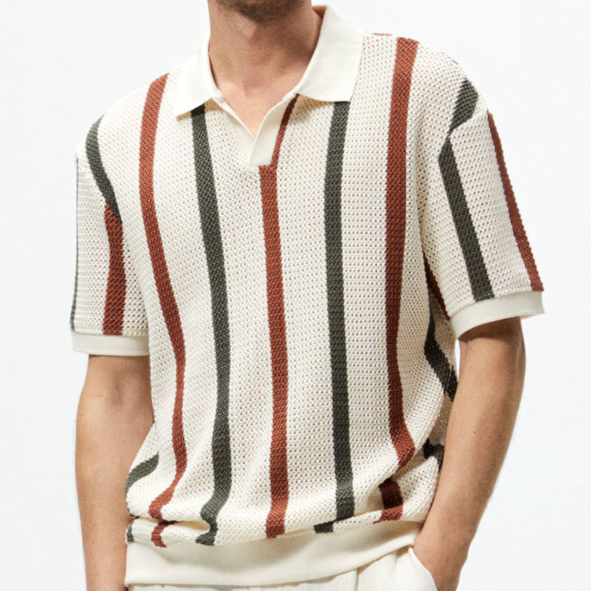 Hollow knit shirt striped contrasting woolen casual polo shirt