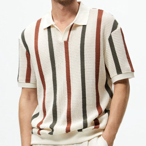 Hollow knit shirt striped contrasting woolen casual polo shirt