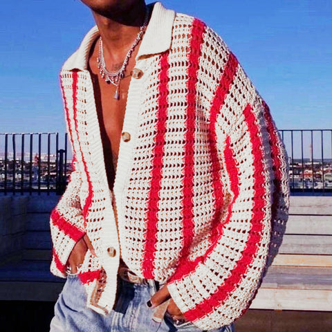 Stylish Hollow Knitted Sweater, Versatile Striped Cardigan Sweater